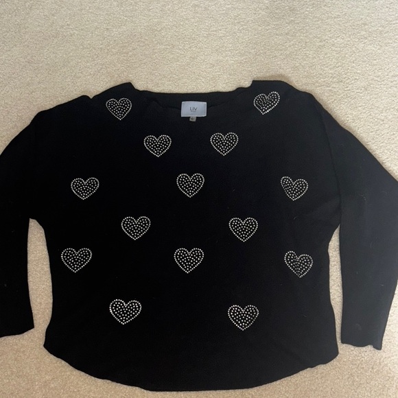 Milano Sweaters - LIV Milano Black Top with Rhinestone Heart Detail